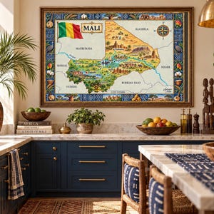 May include: A framed wall art print featuring a detailed, illustrated map of Mali. The map displays the national flag, major cities like Bamako and Timbuktu, and regional landmarks. It is surrounded by a decorative border with blue and gold patterns.