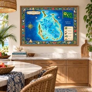 May include: A rectangular wall art print featuring a detailed map of the Cocos Keeling Islands. The map displays blue ocean waters, green islands, a compass rose, the local flag, and a legend with illustrations of native flora and fauna.