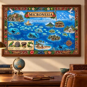Könnte beinhalten: Ein rechteckiger Wandkunstdruck mit einer detaillierten Karte von Mikronesien vor einem tiefblauen Nordpazifik. Die Karte enthält Illustrationen der lokalen Flora, Fauna, kultureller Artefakte und der Nationalflagge, gerahmt in dunklem Holz.