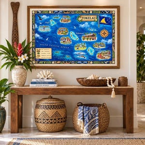 May include: A framed map of Tokelau featuring illustrations of islands, local scenes, and a compass rose on a blue background. The map includes a legend, the text Tokelau, and a blue flag with a yellow canoe symbol in the upper right corner.