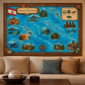 Illustrated Map Art French Polynesia Print | Blue Watercolor Wall Decor