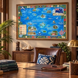 Pode incluir: Um mapa emoldurado das Ilhas Cook apresentando um oceano azul vibrante, várias ilhas, ilustrações culturais tradicionais e o texto Cook Islands. O mapa é contornado por flores tropicais e folhagens, exibido em uma parede acima de uma mesa.