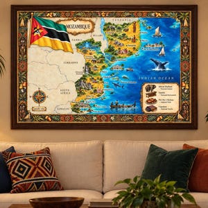 Mozambique Map, Illustrated Watercolor Art Digital Download, Printable Wall Art
