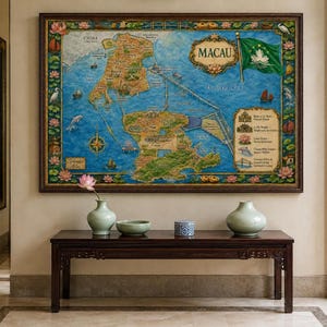 Può includere: Una mappa illustrata dettagliata e incorniciata di Macao con uno sfondo oceanico blu, una bandiera verde con un loto bianco e un bordo decorativo di fiori di loto. La mappa include etichette di testo per punti di riferimento e luoghi.