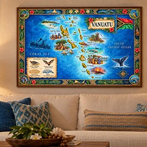 Peut inclure: Une impression murale rectangulaire présentant une carte détaillée du Vanuatu sur un fond bleu océan profond. La carte comprend des illustrations de la faune locale, des scènes culturelles, le drapeau national et une légende National Symbols.