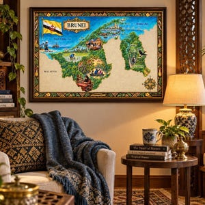 Mapa de Brunéi impreso, ilustración en acuarela para descarga digital, arte de pared.