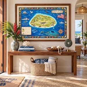 May include: A framed map print of Baker Island featuring a blue ocean, an American flag, and marine life illustrations. The print is displayed above a wooden console table with a vase of red flowers, books, a bowl of shells, and a woven basket.