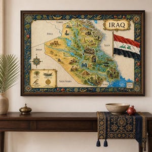 May include: A framed wall map of Iraq featuring detailed illustrations of historical landmarks, rivers, and terrain. The map includes the national flag of Iraq, a compass rose, and a decorative blue border with floral patterns on a parchment-style background.