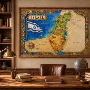 Israel Map Print | Colorful Watercolor Landmarks, Multiple Sizes