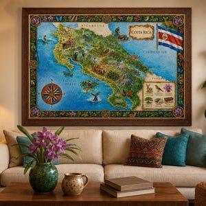 Costa Rica Map Print | Illustrated Watercolor Design, Three Landscape Sizes