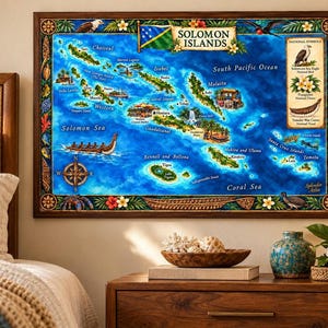 May include: A rectangular wall art print featuring a detailed map of the Solomon Islands against a vibrant blue ocean background. The map includes the national flag, regional names, a compass rose, and illustrations of local flora and fauna.