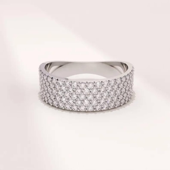 14K Solid Gold Multi Row Pave Diamond Solitaire W… - image 2