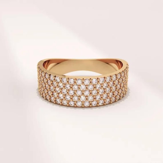 14K Solid Gold Multi Row Pave Diamond Solitaire W… - image 3