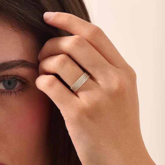 14K Solid Gold Multi Row Pave Diamond Solitaire W… - image 6