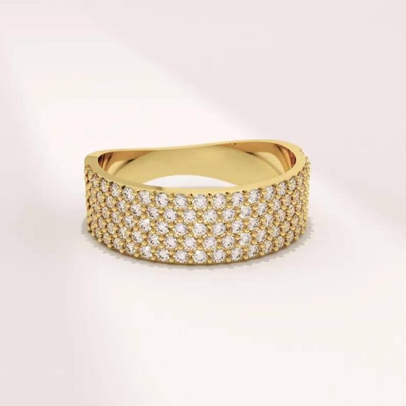 14K Solid Gold Multi Row Pave Diamond Solitaire W… - image 1