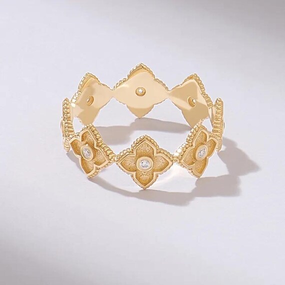 Solid 14K Gold Clover Eternity Ring, Delicate Mil… - image 1