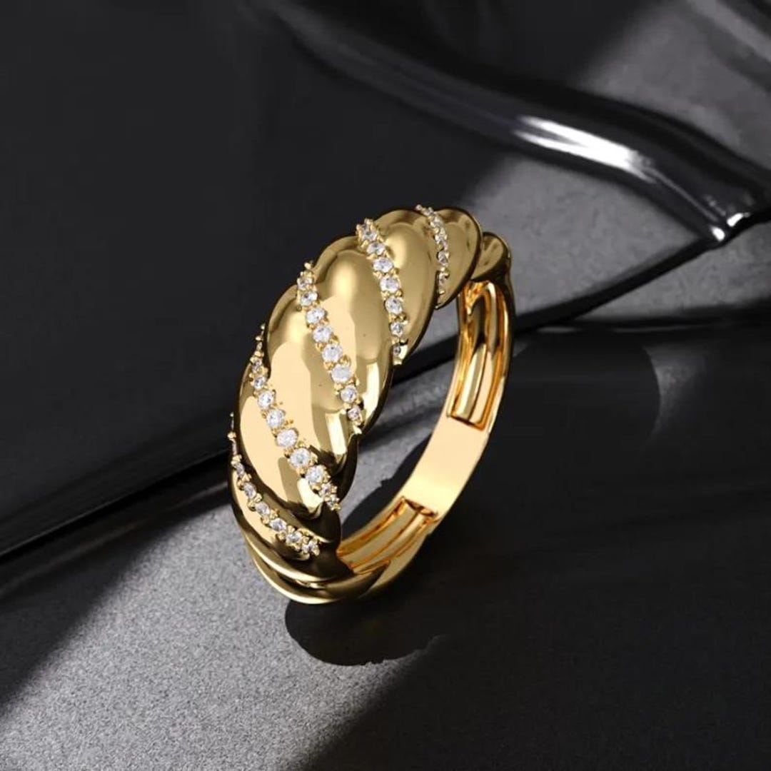 Croissant Engagement Ring 14K Solid Gold Ribbed Statement Wedding Ring ...