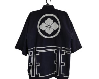 Vintage japansk Happi-kappa - Marinblå, blommig Mon och geometrisk design - Matsuri Kanji-jacka