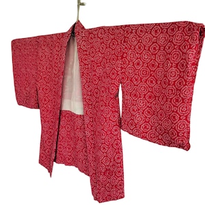 Vintage Red Floral Haori - Japanese Kimono Jacket - Silk Blend