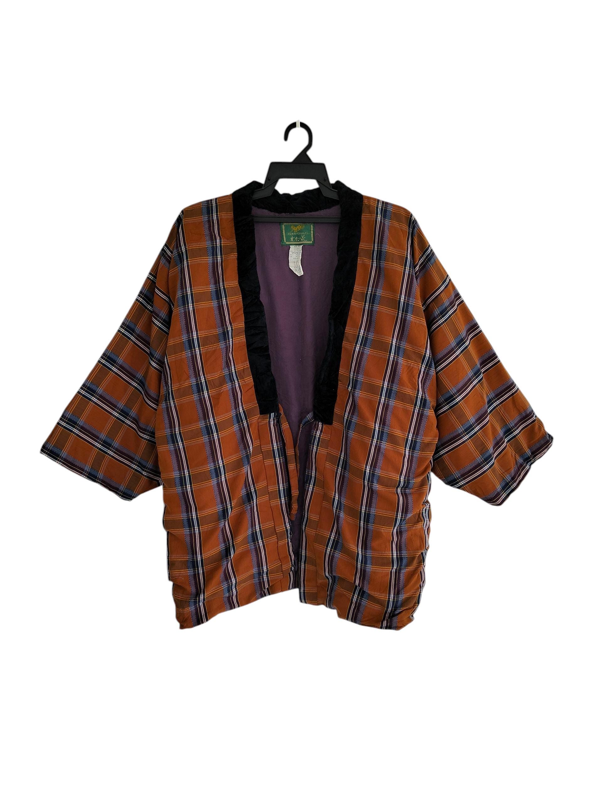 Vintage Plaid Hanten Jacket - Velvet Collar Kimono Robe