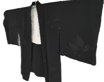 Vintage Black Silk Haori Kimono Jacket, Subtle Floral Design, Elegant Japanese Outerwear