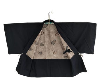Antyczne ciemnoniebieskie męskie kimono haori z artystyczną podszewką, japońska szata, kolekcjonerska
