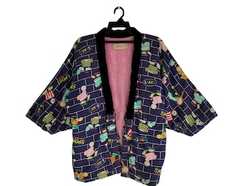 Vintage Sport Print Hanten Jacket: Japanese Kimono Cardigan with Black Velvet Trim