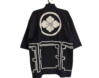 Vintage Japanese Cotton Happi Coat • Navy Festival Kimono with Crest