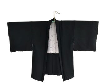 Vintage Black Silk Haori Kimono Jacket - Floral Lining