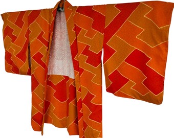 Vintage Orange Haori Kimono: Geometric Lightning Bolt Silk Jacket