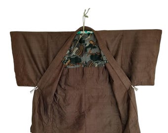 Vintage Japanese Textured Men Haori Kimono Jacket - Brown, Samurai Armor Lining, Elegant Robe