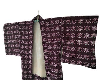 Haori floral vintage - roxo e rosa, jaqueta quimono curta japonesa