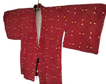 Vintage Red Silk Haori Kimono: Geometric Shibori Print Jacket
