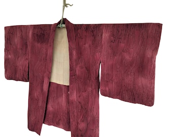 Vintage Textured Kimono - Burgundy Silk Robe - Cardigan Kimono Jacket  - Elegant Japanese Design
