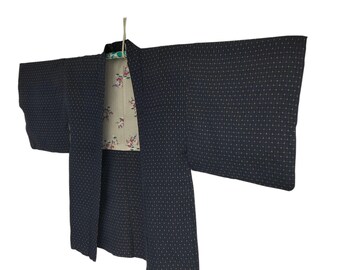 Jaqueta quimono japonesa vintage Haori: estampa de bolinhas azul-marinho, forro de seda floral