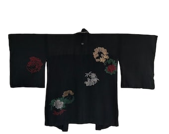 Vintage Black Silk Haori Kimono | Floral Embroidery, Japanese Coat