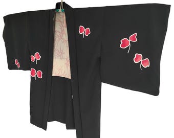 Vintage Black Haori Kimono Jacket: Red Clover & Bamboo Print - Made in Japan