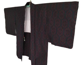 Vintage Geometric Haori - Burgundy Charcoal Pattern - Japanese Kimono Jacket