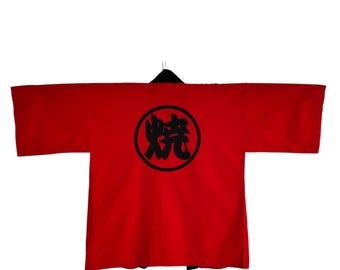 Vintage röd bomulls-Happi-kappa: Japansk Kanji-festivaljacka
