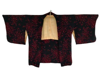 Vintage Black & Red Floral Haori Kimono Jacket, Japanese Cardigan