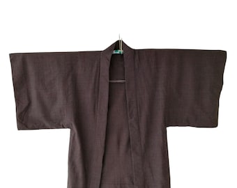 Vintage Brown Linen Men Haori - Japanese Kimono Cardigan - Elegant Open Jacket