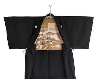 Vintage Black Scenic Haori - Embroidered Japanese Kimono Jacket