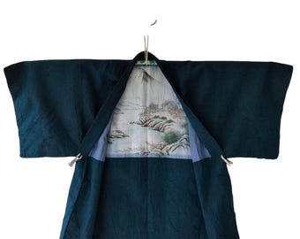 Chaqueta Haori japonesa vintage: forro de seda con paisaje de montaña pintado a mano.