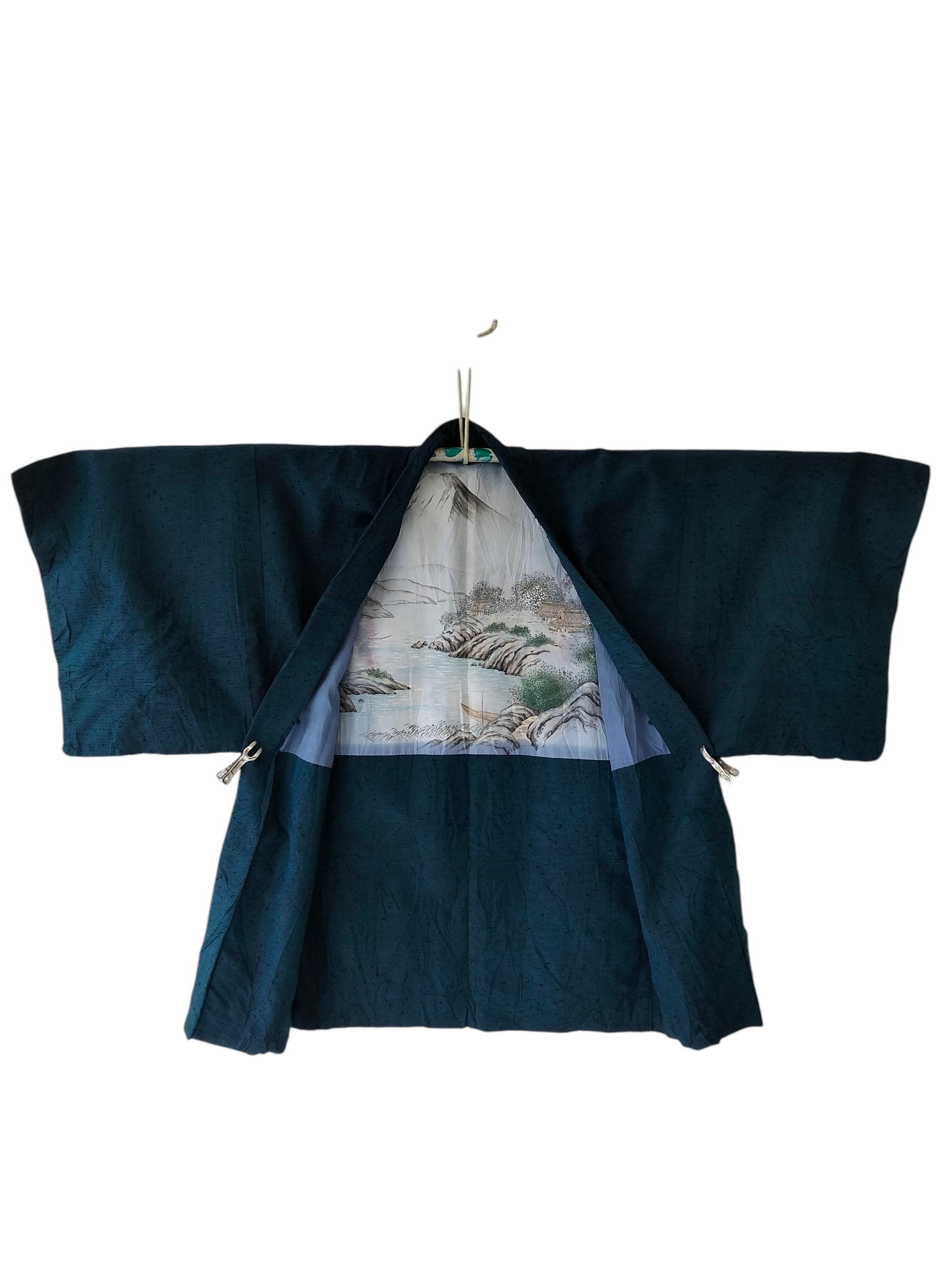 Vintage Japanese Haori Jacket: Hand-painted Mountain Landscape
