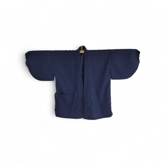 Vintage Indigo Sashiko Haori Jacket – Textured Cotton, Genroku Sleeves, Japanese Workwear