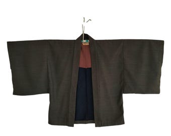 Vintage Textured Brown Haori Jacket - Japanese Kimono Cardigan - Unique Lining - M/L