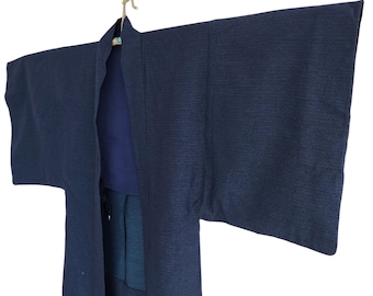 Vintage Indigo Blue Men Haori Kimono Jacket, Traditional Japanese Outerwear, Casual Chic
