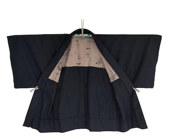 Vintage Japanese Men Haori Kimono Jacket - Charcoal Black, Landscape Lining, Elegant Robe