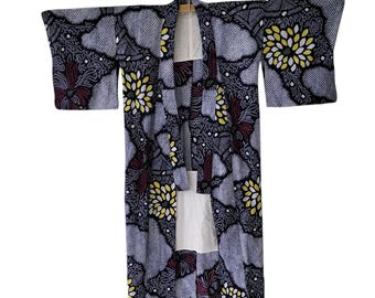 Vintage japansk blommig Yukata-kimono - traditionell bomullsblandad morgonrock - kimonojacka i shibori-stil