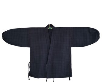 Vintage Indigo Rutig Bomullsjacka Noragi – Japanska Arbetskläder